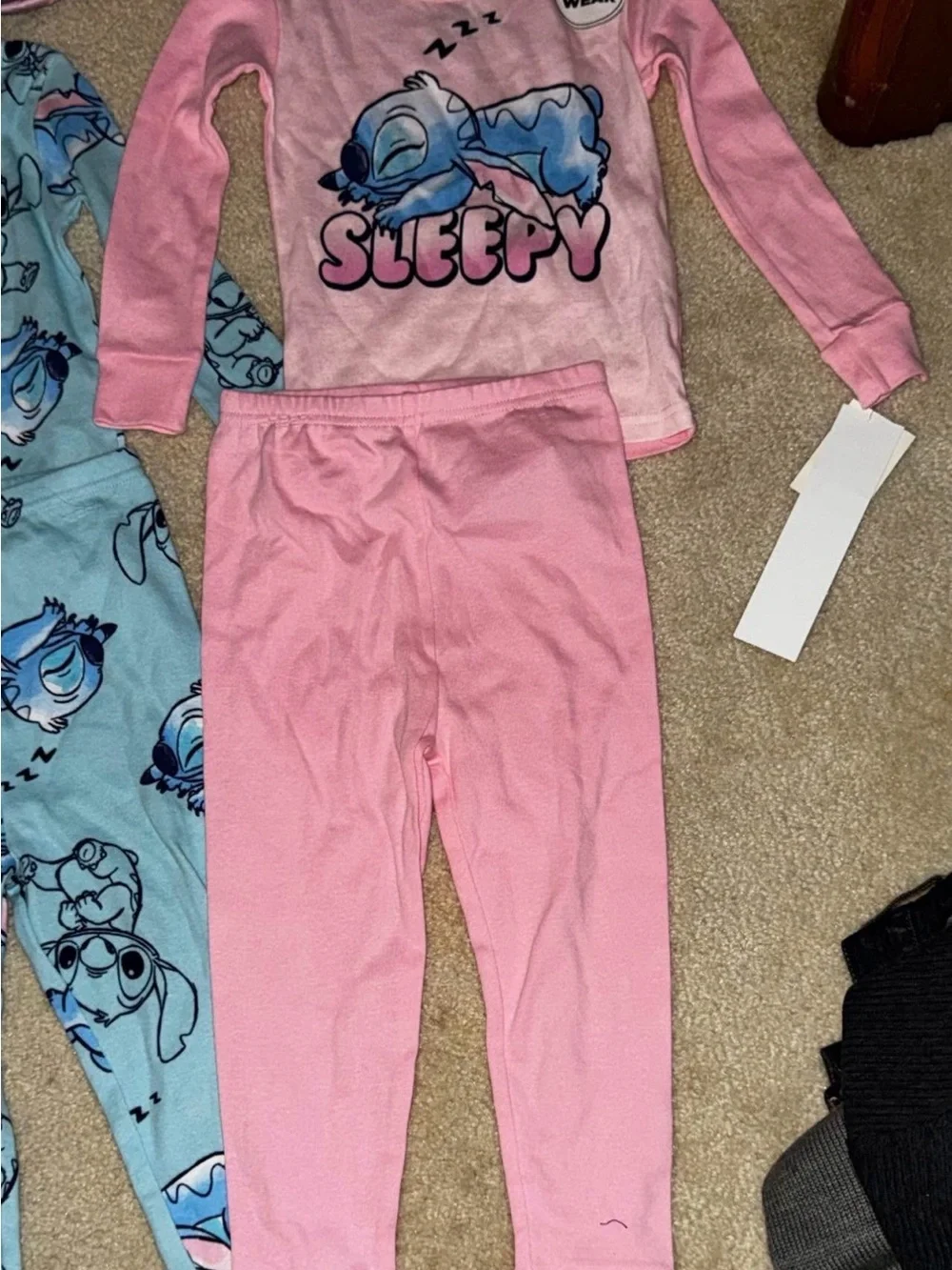 Disney Stitch Girls 4T 2-Piece Long Sleeve Knit Pajama Set Pink & Blue & Slipper